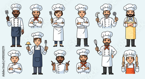 Diverse group of professional chefs showcasing their culinary expertise with various cooking utensils, perfect for restaurant and kitchen-related designs and culinary projects