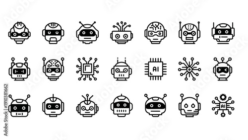Collection of robot head icons and artificial intelligence symbols.