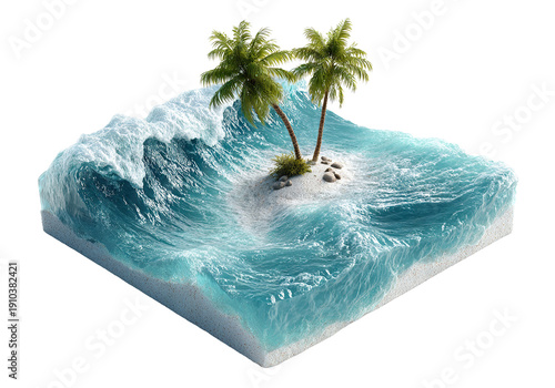 Palm trees on sandy island surrounded by waves, isolated on transparent cutout background