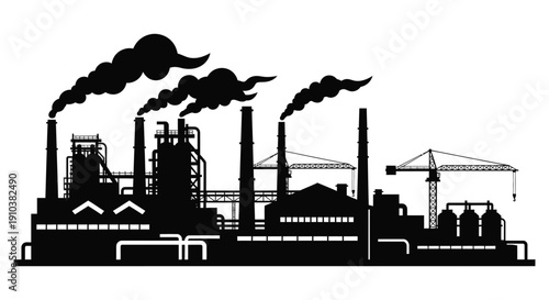 A black silhouette of an industrial cityscape with smoking factories and cranes on transparent background high quality professional detailed modern elegant