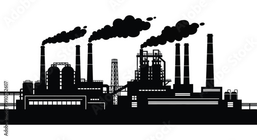 A stark black silhouette of an industrial cityscape with factory smokestacks emitting plumes of smoke on transparent background high quality professional