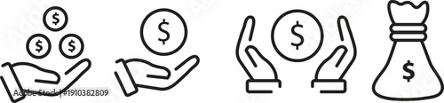 Money in Hand Icon Set – Saving, Cash, Loan and Revenue Symbols Vector EPS, Hands Holding Money Icons – Cash, Coin and Budget Symbol Set ,Financial Savings and Income Icons – Flat and Line Style Set