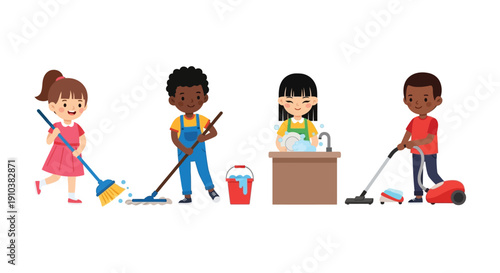 Four diverse children cheerfully performing various cleaning chores showcasing a vibrant and playful scene on transparent background silhouette high quality professional