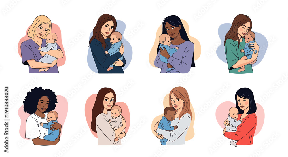 Fototapeta premium Diverse Mothers Holding Their Babies in Tender Embrace - A Collection of Warm Family Moments