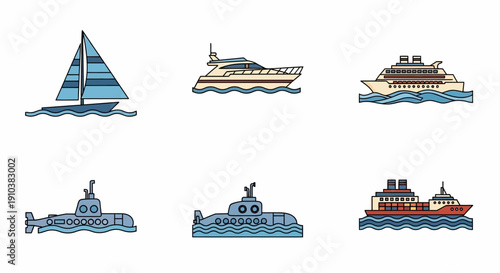 Collection of Various Watercraft Vessels on Waves.