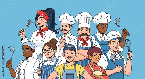 Diverse group of chefs and culinary professionals gathered together, showcasing their teamwork and passion for food