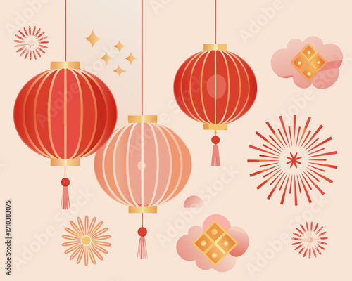 Festive chinese lanterns and floral decorations on a soft pink background