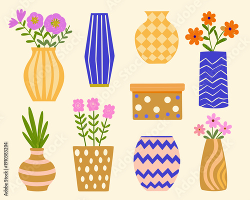 Colorful vases and floral arrangements in a decorative illustrated style