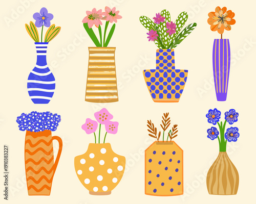 Colorful floral arrangements in uniquely patterned vases a cheerful illustration