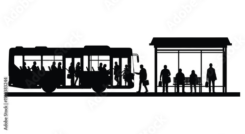 A black silhouette of a bus and passengers at a stop with a shelter on transparent background high quality professional detailed