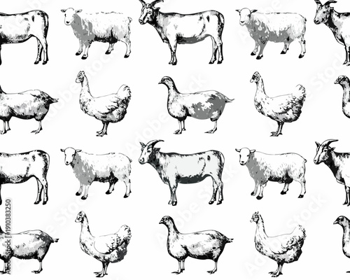 Vintage illustration of various farm animals including sheep goats and chickens