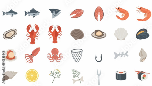 Collection of Seafood and Marine Life Icons.
