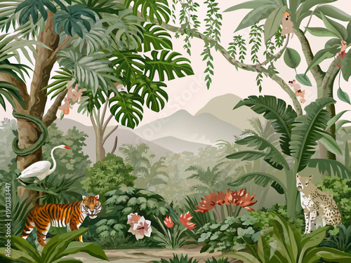 A vibrant tropical jungle scene featuring diverse flora and fauna