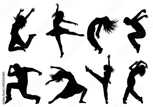 Dance silhouettes set with energetic contemporary and hip hop poses
