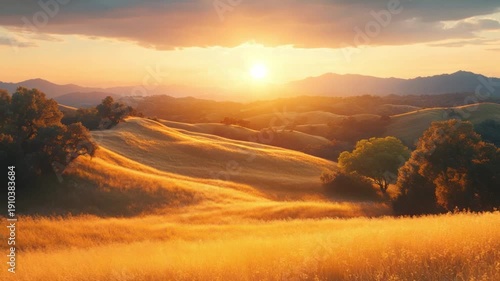 Golden Hour Panorama, A breathtaking view of rolling hills under a radiant sunset, the warm glow of the sun paints the landscape with hues of gold and amber. 