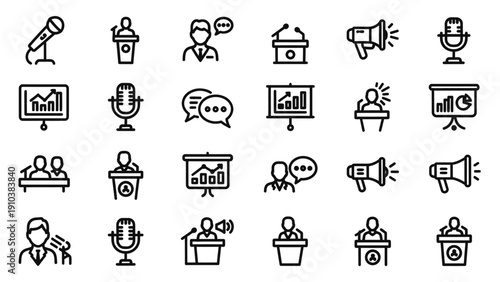 Collection of speech and presentation icons in black and white line art style.