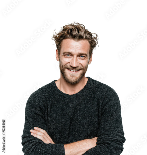 Smiling man posing portrait eye level confidence, isolated on transparent background, png