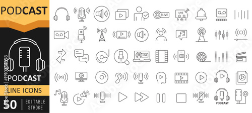Podcast Icon Set – Audio Broadcasting, Microphone and Streaming Symbols Vector EPS, Podcast and Audio Streaming Icons – Microphone, Talk Show and Interview Set, Radio and Podcast Icon Pack – Conversat