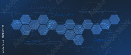 Blue Digital Technology Network Hexagon Background with Data Interface