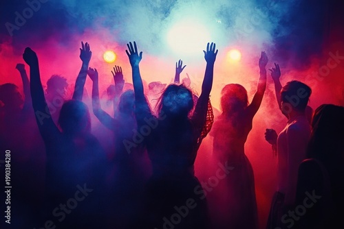 silhouetted crowd dancing with raised hands beneath colorful stage lights and fog, euphoric energetic party atmosphere