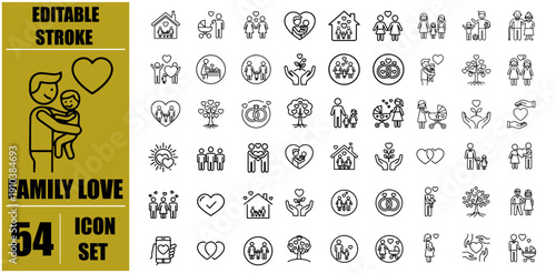 Family Love Outline Icons Set with Parents, Kids, Bonding, Hug, Care, Support, Affection, Heart and Togetherness Symbols for Infographics, Apps, Websites and User Interface Design