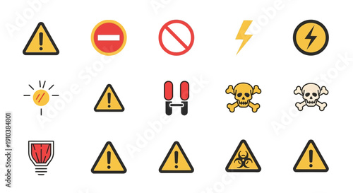 Collection of warning signs and symbols for safety and danger.