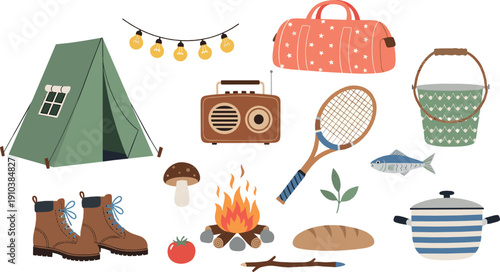 Camping adventure illustration set with tent campfire boots radio cooking pot fishing gear and outdoor essentials in cozy flat style for travel and nature designs