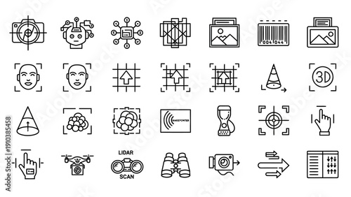 Collection of Technology and Science Icons Representing Innovation and Data.