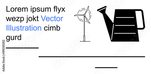 Renewable energy, sustainability, eco-friendly practices, gardening, clean energy, typography design. A wind turbine and watering can beside creative text elements. Renewable energy