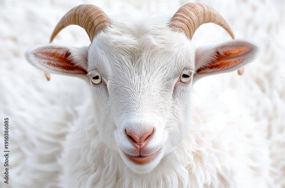 Fototapeta premium Close-up portrait of a white goat with curved horns and soft wool looking calmly at the camera