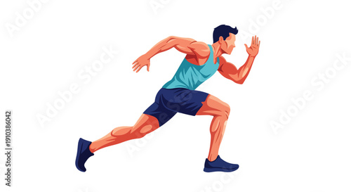 A man running in a dynamic pose against a plain white background, wearing athletic clothing.