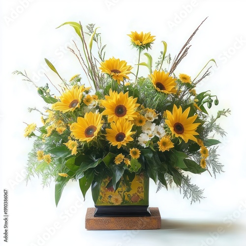 Joyful sunflower and wildflower bouquet with white filler flowers and tall grasses in a decorative ceramic vase on a wooden stand