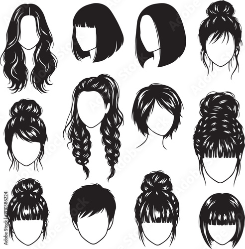 PrintCollection of diverse female hairstyles sketch illustration set