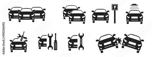 Cars and Traffic Icon Set, Car Crash Icon – Auto Accident and Collision Symbol Vector, Car Wash Icon, Car Repair Icon