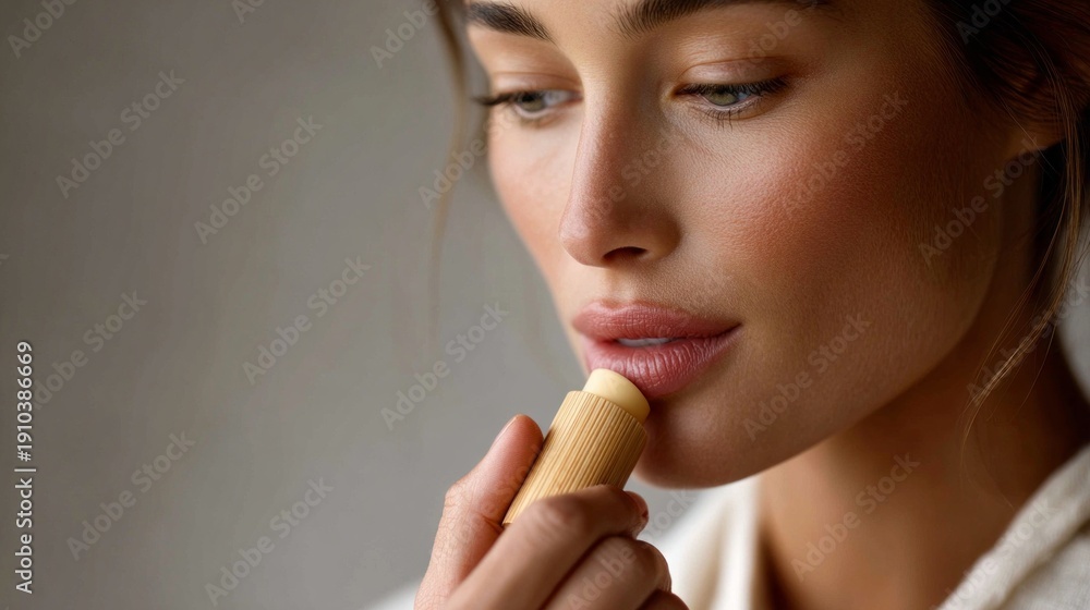 custom made wallpaper toronto digitalA person carefully applies lip balm, standing in a warmly lit room filled with soft shadows. The peaceful moment captures an everyday ritual of self-care and natural beauty