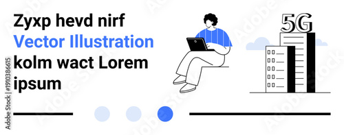 Person sitting with laptop, connected to a 5G-enabled futuristic building, surrounded by clean UI elements. Ideal for technology, connectivity, communication, innovation, digital transformation