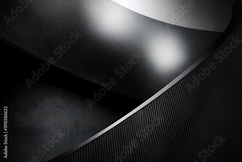 overlapping curved black textured surfaces with glossy highlights and deep shadows, sleek futuristic minimal composition conveying moody elegance