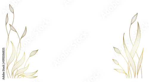 Frame with golden line art branches and leaves. Abstract floral background. Corner decor. Vector illustration