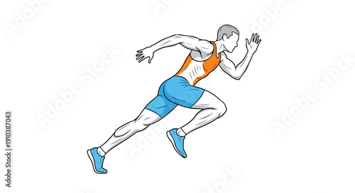 A male athlete in motion, running with an orange tank top and blue shorts on a white background.