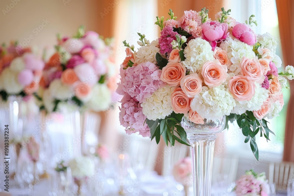 Obraz premium Elegant tall glass vase overflowing with pink roses, white hydrangeas, peonies and greenery on a softly lit banquet table, romantic celebratory floral centerpieces
