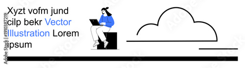 Remote work, cloud storage, digital workspace, technology, online communication, minimalism. Woman working on laptop, cloud and text elements. Remote work and cloud storage concept