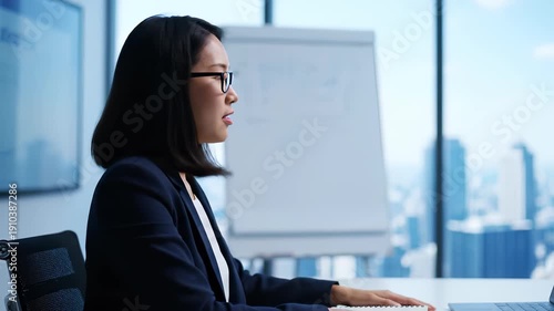 Businesswoman at the Desk: A focused woman in business attire sits at a modern desk, engrossed in her work, with city view beyond, highlighting dedication.
