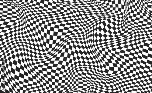 Black and white pattern surface chessboard. Checkered distortion abstract banner. Checkered background with distortion effect. Vector illustration.