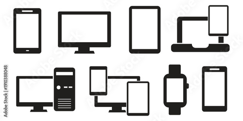 Digital Devices Icon Set – Smartphone, Laptop, Desktop Computer, Tablet, Smartwatch Vector EPS, Tech Gadgets Line Icons Set – Mobile, PC, Smartwatch and Accessories