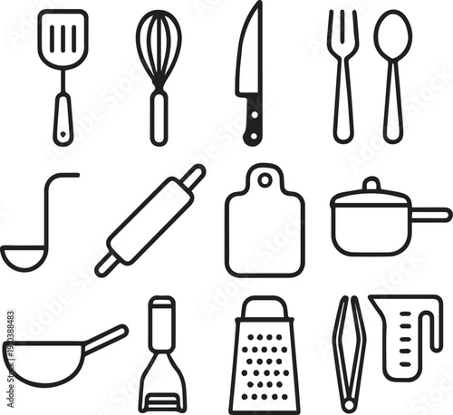 Monochrome Kitchen Tools Icon Set in Clean Line Style Solid Black Vector Collection