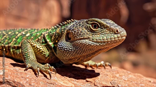 Green lizard looking around while sitting on a desert rock surface
