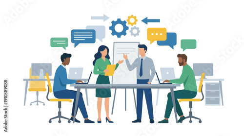 Business team collaborating on a project with speech bubbles and gears symbolizing ideas and communication