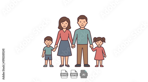 Modern minimalist vector illustration of a happy family unit, parents and two children standing together, holding hands, symbolizing love, unity, and support in a simple flat design