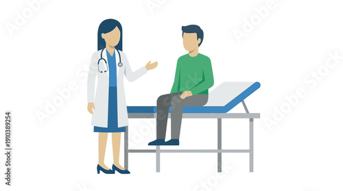 Healthcare consultation scene featuring a doctor and patient on an examination table, rendered in a modern, geometric flat illustration