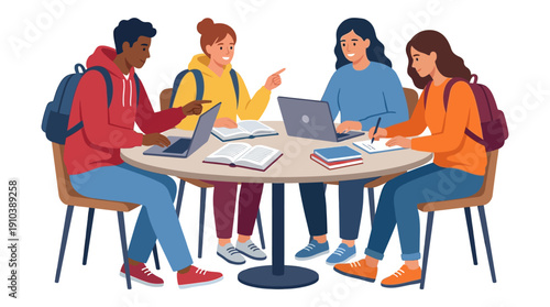 Diverse group of students collaborating around a table with laptops and books, fostering a positive learning environment